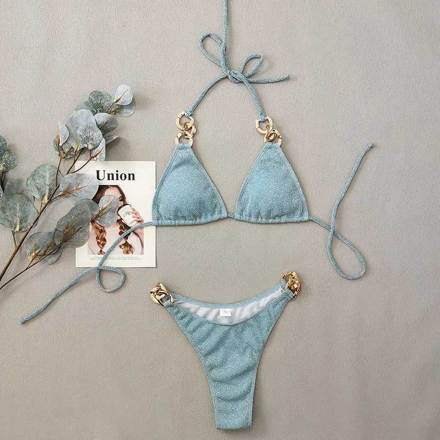 Women's Swimwear Sexy and shiny mini bikini women 2024 new metal chain 2-piece swimsuit triangle hanging backless swimsuit lace swimsuit H241130
