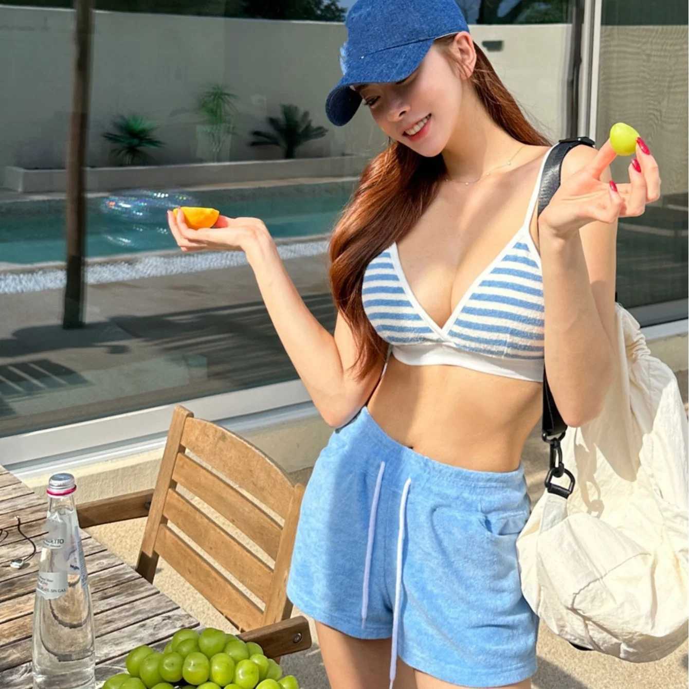 Women's Swimwear New blue striped bikini high waisted shorts womens beach swimsuit swim H241130