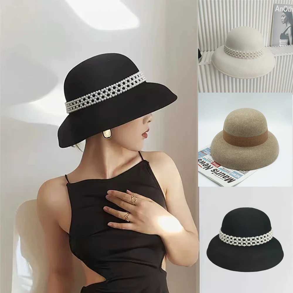 Wide Brim Hats Bucket Hats Autumn Winter 100% Wool Hat Bell Hat Womens French Elegant Retro Hepburn Autumn and Winter Celebrity Pearl Wool Felt Bucket