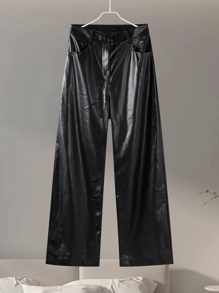 Vintage PU Leather Pants For Women Loose High Waist Wide Leg Pockets Female Trousers New Autumn Fashion Lady Streetwears