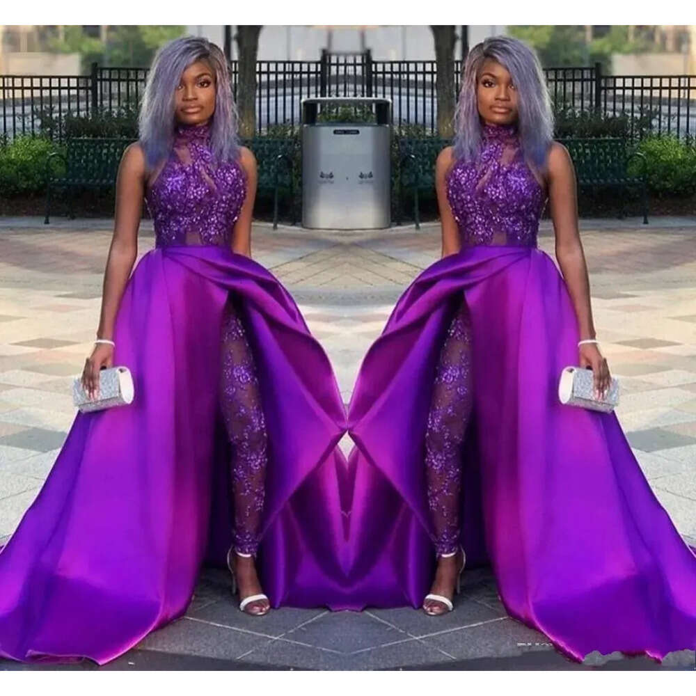 Jumpsuits Prom With Purple Dresses Detachable Train High Neck Lace Appliqued Bead Evening African Party Gowns Plus Size