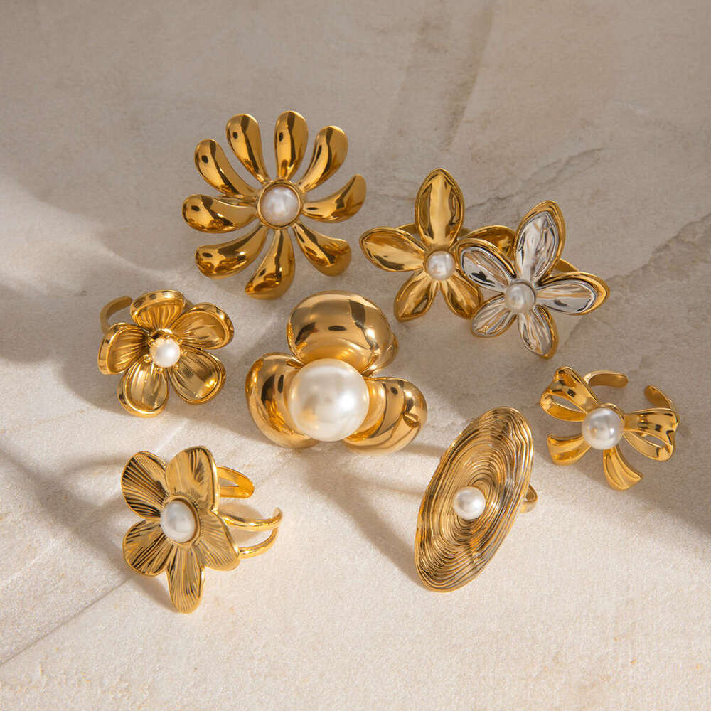 Jieding Stainless Flower Pearl Exaggerated Luxury Ins Ring Titanium Steel Rings Jewelry