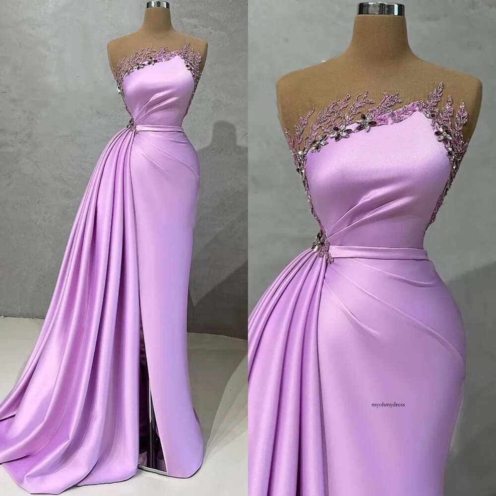 Elegant Lilac Satin Mermaid Prom Dresses With Tarin Side Split Sheer Neck Appliqued Bead Plus Size Women Gowns Formal Evening Dress 0431