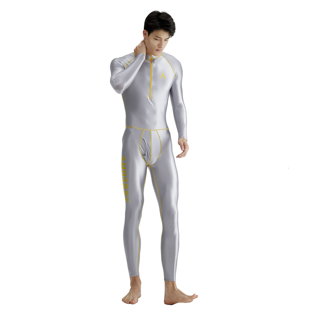 AMORESY Men Tracksuits Sets Tops Leggings Shiny Glossy Sports Fiess Running Front Zippr Overall Catsuit All-Purpose Jumpsuits