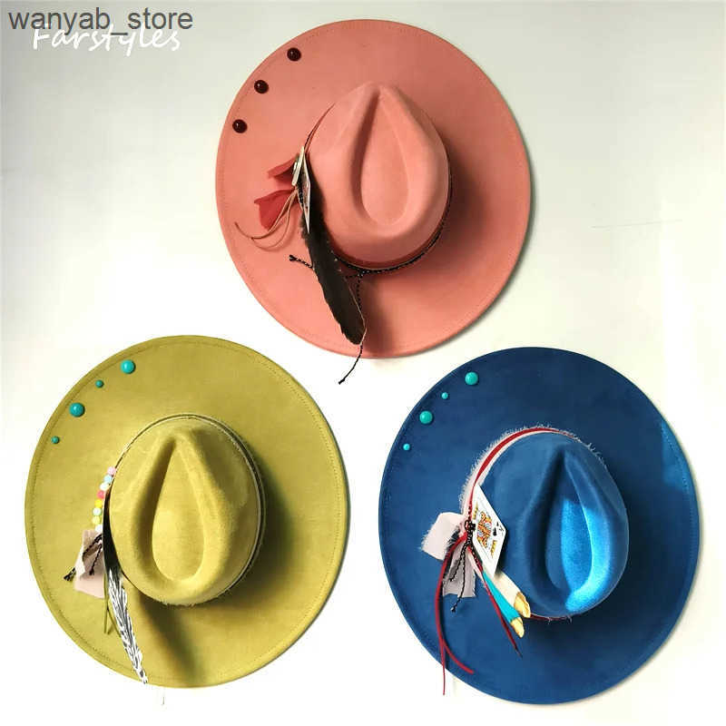 Wide Brim Hats Bucket Hats INS Wide Brim fedora hats Felt Suede hat turquoise Men women Feather accessory Fedoras DIY flat brim hat Jazz hat Top hats 