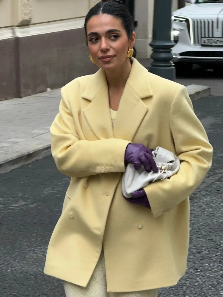 Elegant Lapel With Packet Double Breasted Woolen Coat Women Fashion Yellow Long Sleeve Loose Overcoat Autumn Winter Lady Outwear 241129