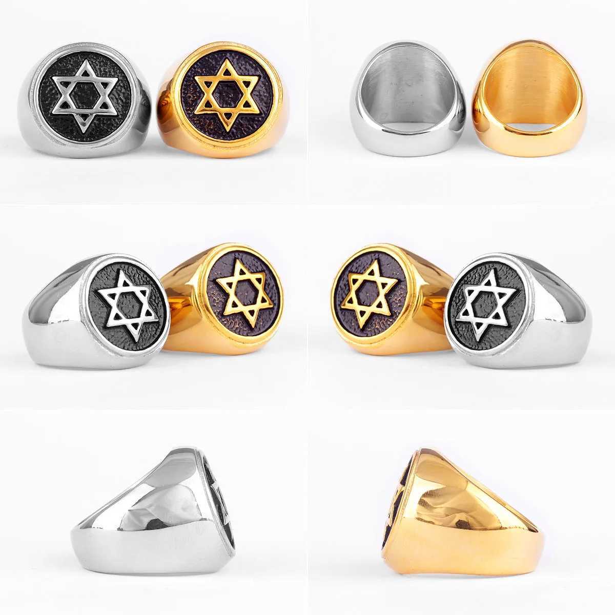 Band Rings Jewish Hexagonal David Star Stainless Steel Mens Ring Punk Hip Hop Mens Bicycle Jewelry Creative Gift Wholesale J240429