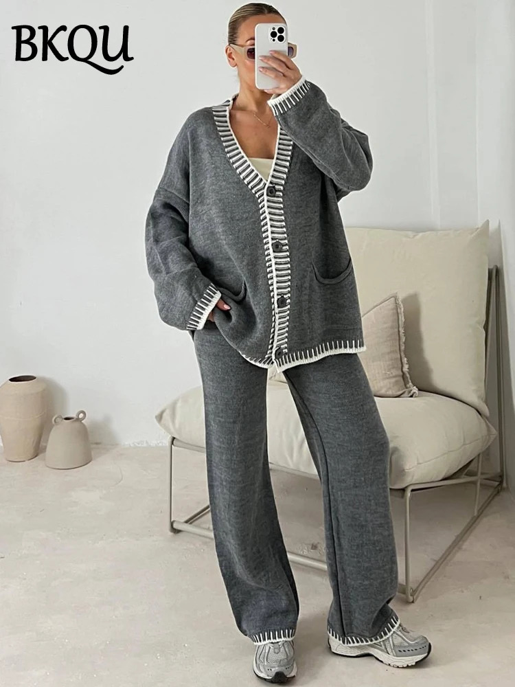 BKQU Knitted Two Piece Set Vneck Button Cardigan Sweater Casual Wide Leg Pants Suits Autumn Winter Lady Tracksuit Outfit 241129