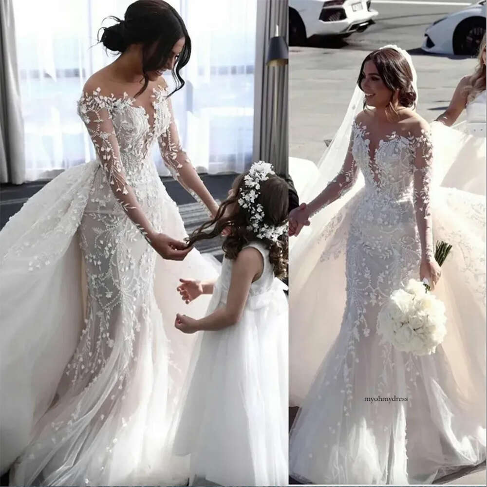2024 Sexy Mermaid Wedding Dresses Jewel Neck Long Sleeves Illusion Lace Appliques Tulle Detachable Train Overskirts Formal Bridal Gowns Plus Size 0431
