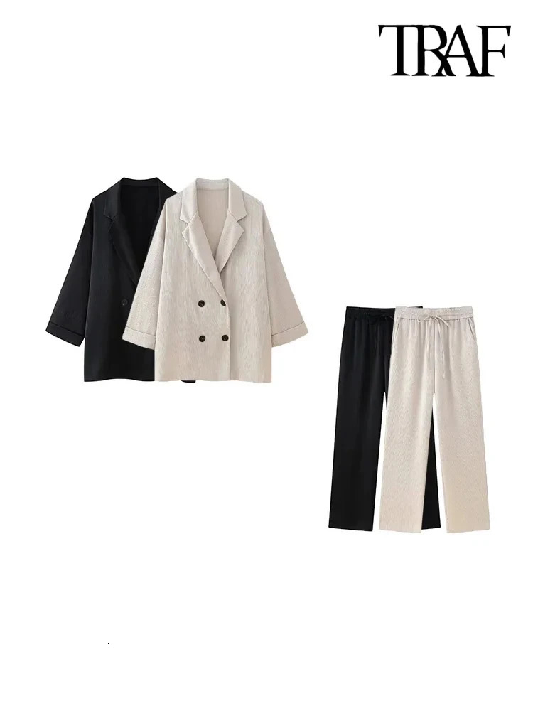 TRAFWomens DoubleBreasted Loose Blazer Coat and High Elastic Waist Wide Leg Pants Female Two Piece Sets Fashion 241129