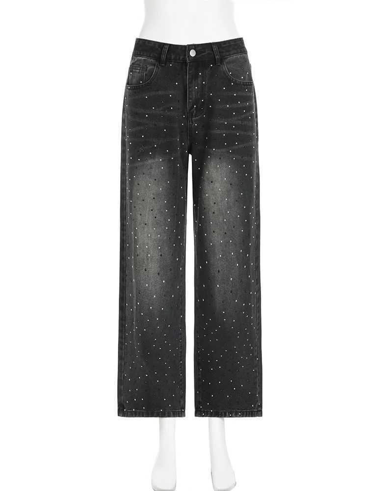 Women's Jeans Rockmore 2024 vintage womens jeans y2k with diamonds Distressed straight denim pants H241130