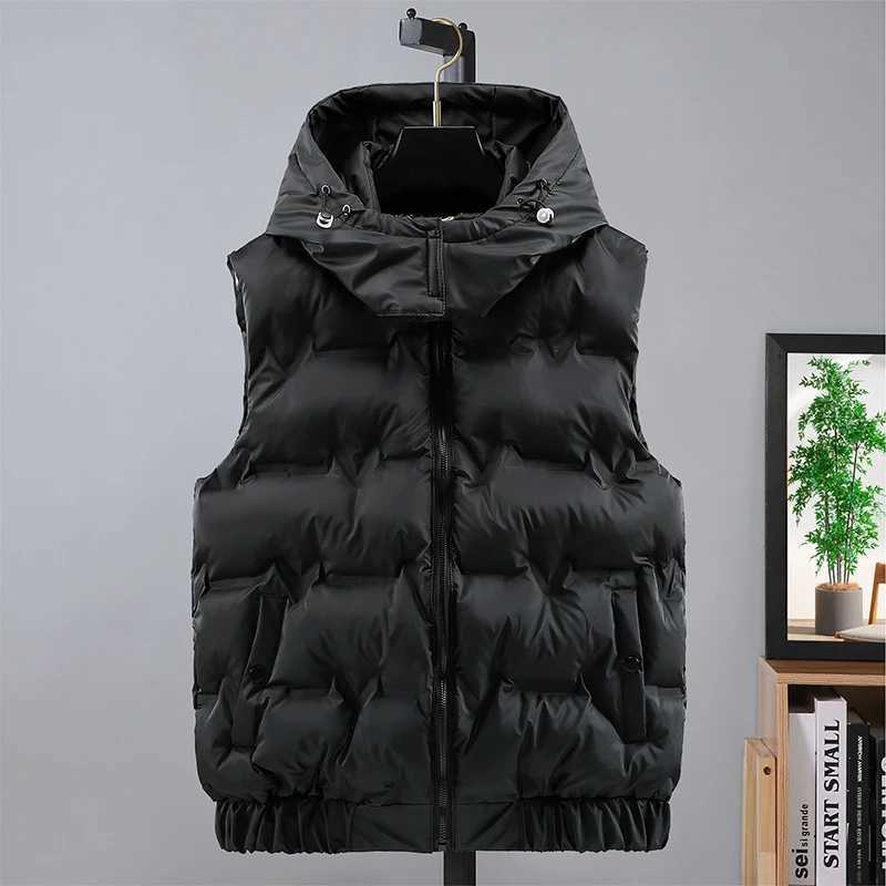 Men's Down Parkas 2024 Autumn and Winter Cotton Vest Solid Fashion Warm Sleeveless Jacket for Man with Hooded Casual Thick Mens Outwear Vest z241