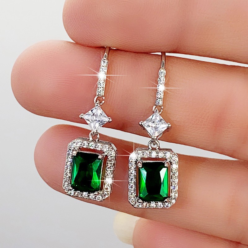 Radiant Emerald Green CZ Sterg Sier Dangle Earrings For Women 4