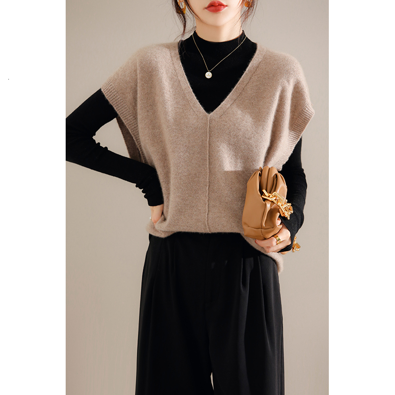 Cashmere Ladies New 100%Pure Wool Knit Waistcoat Spring V-Neck Large Size Sweater Wild Sleeveless Vest Solid Loose Top