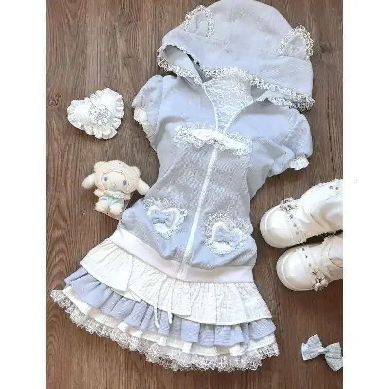 Autumn Fashion Patchwork Lace Japan Two Piece Sets Harajuku Sweet Constrast Color Cute Hoodies Y2k Aesthetic Tiered Skirts 241129