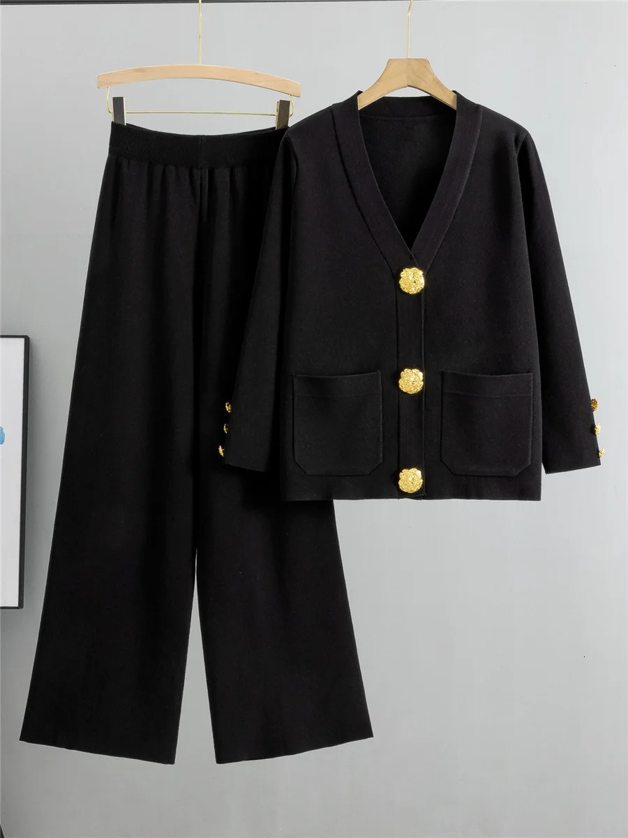 Fall Winter Womens Knit Sweater Sets Large Gold Button Vneck Cardigan Coats Conjunto High Waist Baggy Wide Leg Pants Suits 241129