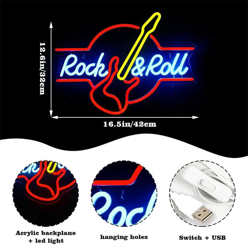 Rock Roll Neon Signs Guitar Music Led Neon Light Art Wall Decor for Game Room Music Party Rock Studio Bar Disco Party Neon Z241130