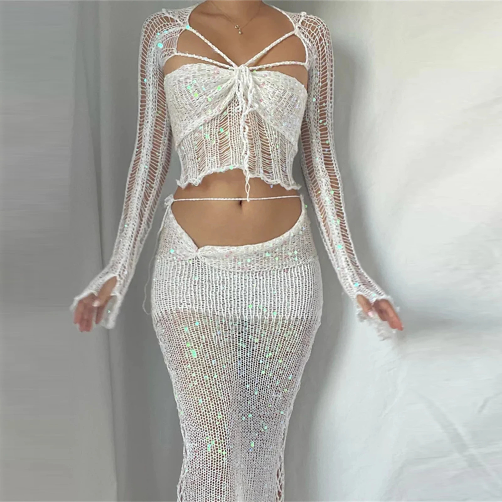 Summer Women Crochet Knitted Dress Two Piece Skirt Sets Clothes Sexy Crop Tops Elegant Knit Sequin 2 Set Outfit 240423
