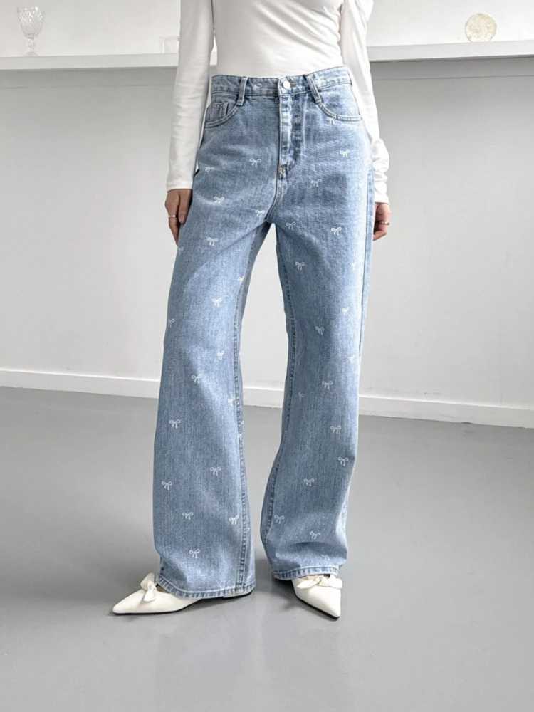 Women's Jeans Womens light blue jeans pants Korean bag bow decorative high waisted straight leg pants womens casual printed buttons H241130