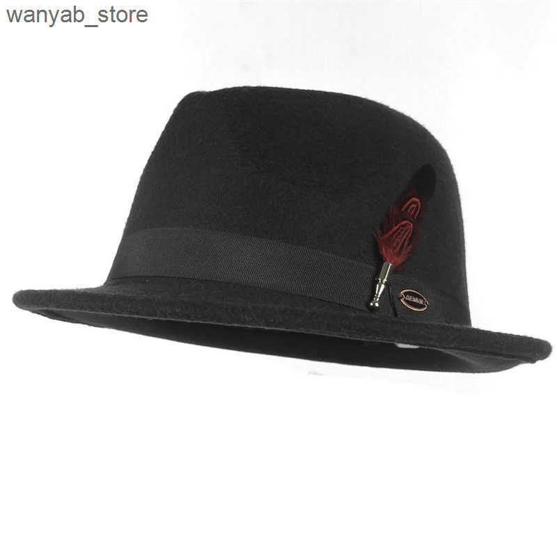 Wide Brim Hats Bucket Hats Vintage Black Felt Jazz Hats for Men Women Short Brim Gentleman Soft Trilby Fedora Hat with Feather L240910