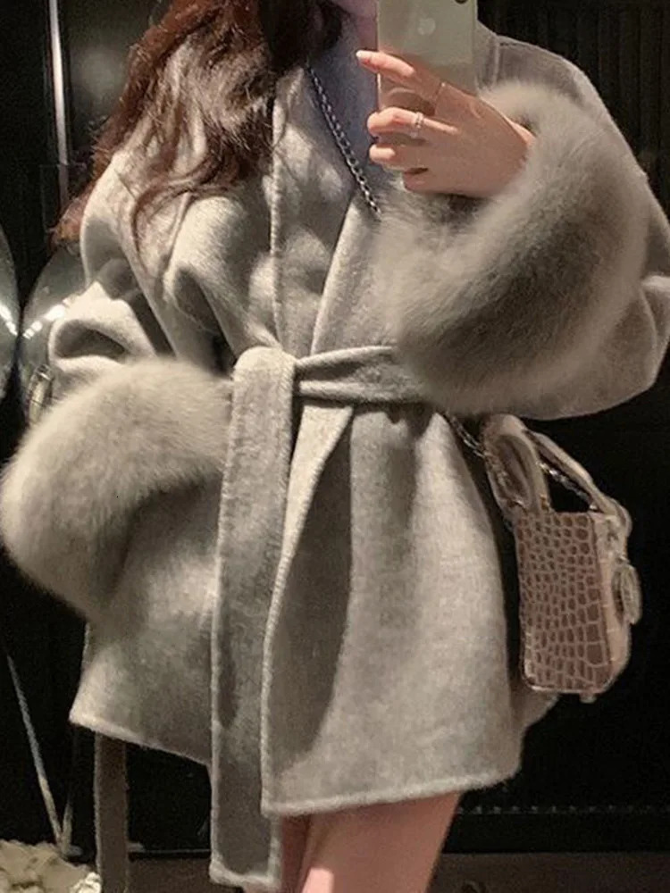 UCXQ Elegant Office Lady Overcoats European Style Faux Fur Coat Womens Clothing Hair Woolen Jacket 2024 Autumn Winter C1496 241129