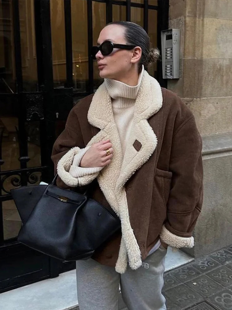 Fashion Suede Thicken Coat Women Casual Turndown Collar Single Breasted Loose Warm Jacket Chic Female Winter Lamb Wool Overcoat 241129