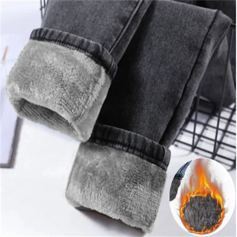 Spring/Summer Tight Warm Jeans Womens Velvet Ankle Length Casual Thick Pencil Pants Basic Wool Denim Jeans 241122