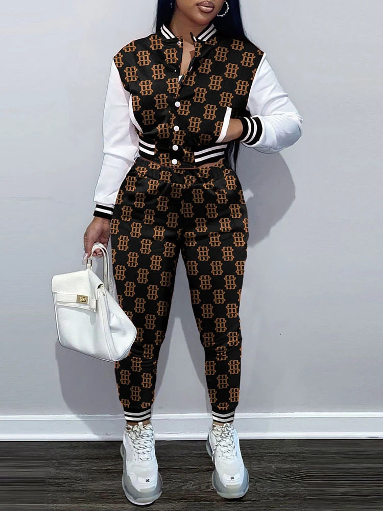 Fashion Women Set Baseball Suit Winter Spring Printing Casual Tracksuit Women 2 Pieces Set Sports Sweatshirts Sweatpants Outfits 240420