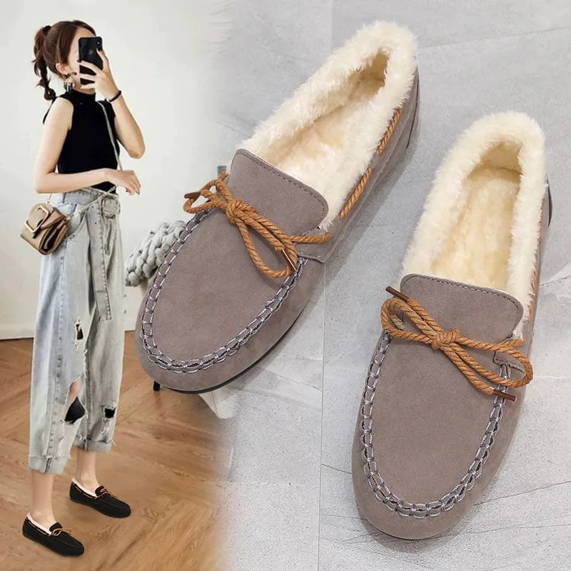 Winter Shoe Casual Flat Shoes Moccasins Soft Loafers Fashion Comfort Warm Plush Bow Slip on Female Cotton y241126