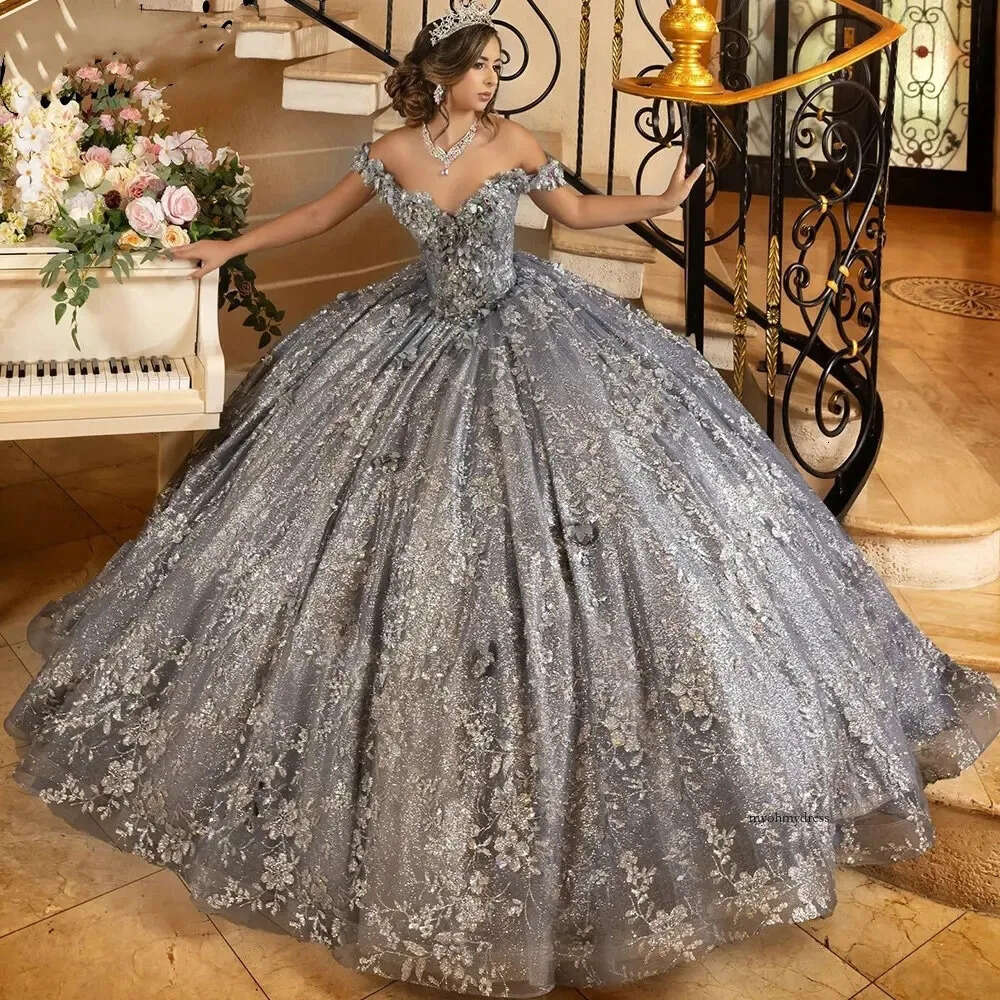 Gray Sparkly Crystal Sequined Quinceanera Dresses Ball Gown Off The Shoulder 3D Flowers Appliques Lace Sweet 15 Birthday 0431