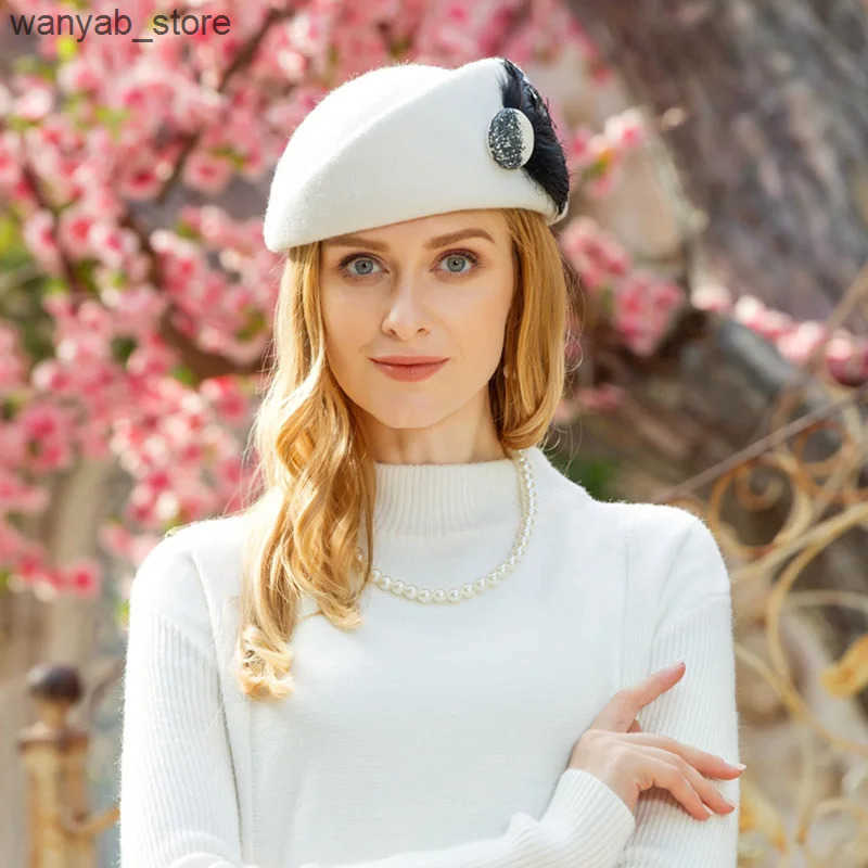 Berets FS French Wool White Black Beret Hats For Women Fashion Winter Felt Caps Feather Berets Femme Stewardess Church Hat Fedoras L240910