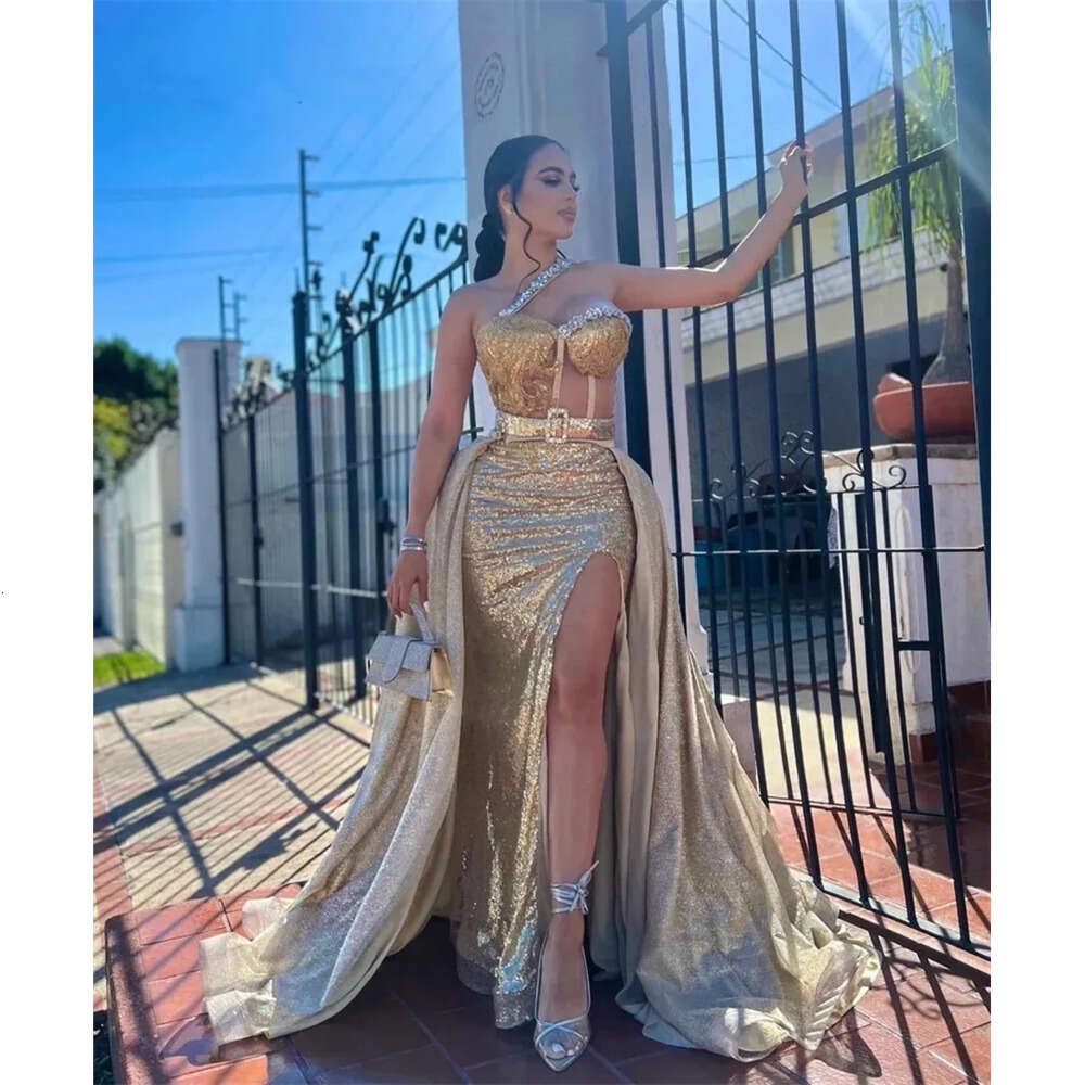 Dresses Glitter Prom Gold Mermaid Sexy Side Slit Shiny Beading Sequins Birthday Party Banquet Dance Evening Gowns Vestidos