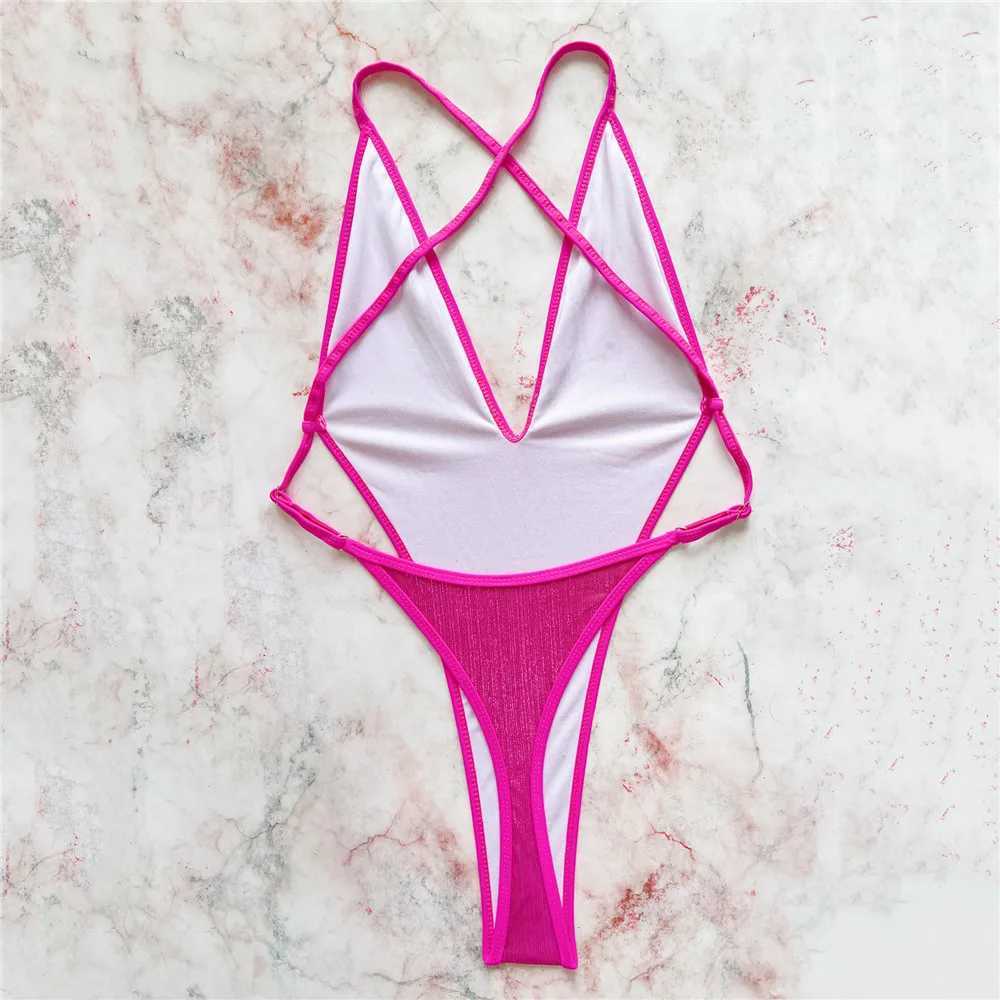Women's Swimwear Sexy rose red shiny backless swimsuit womens one-piece swimsuit 2025 micro thong back cross string Monokini high cut swimsuit H2