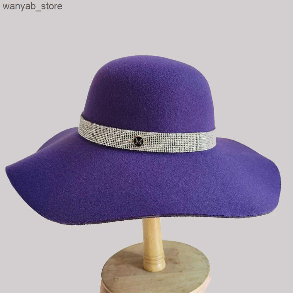 Wide Brim Hats Bucket Hats Elegant Ladies Rhinestone Fedora Hat Dome Hepburn Style Party Wedding Cap Felt Hat Womens Church Hat Large Brim Bucket Hat 