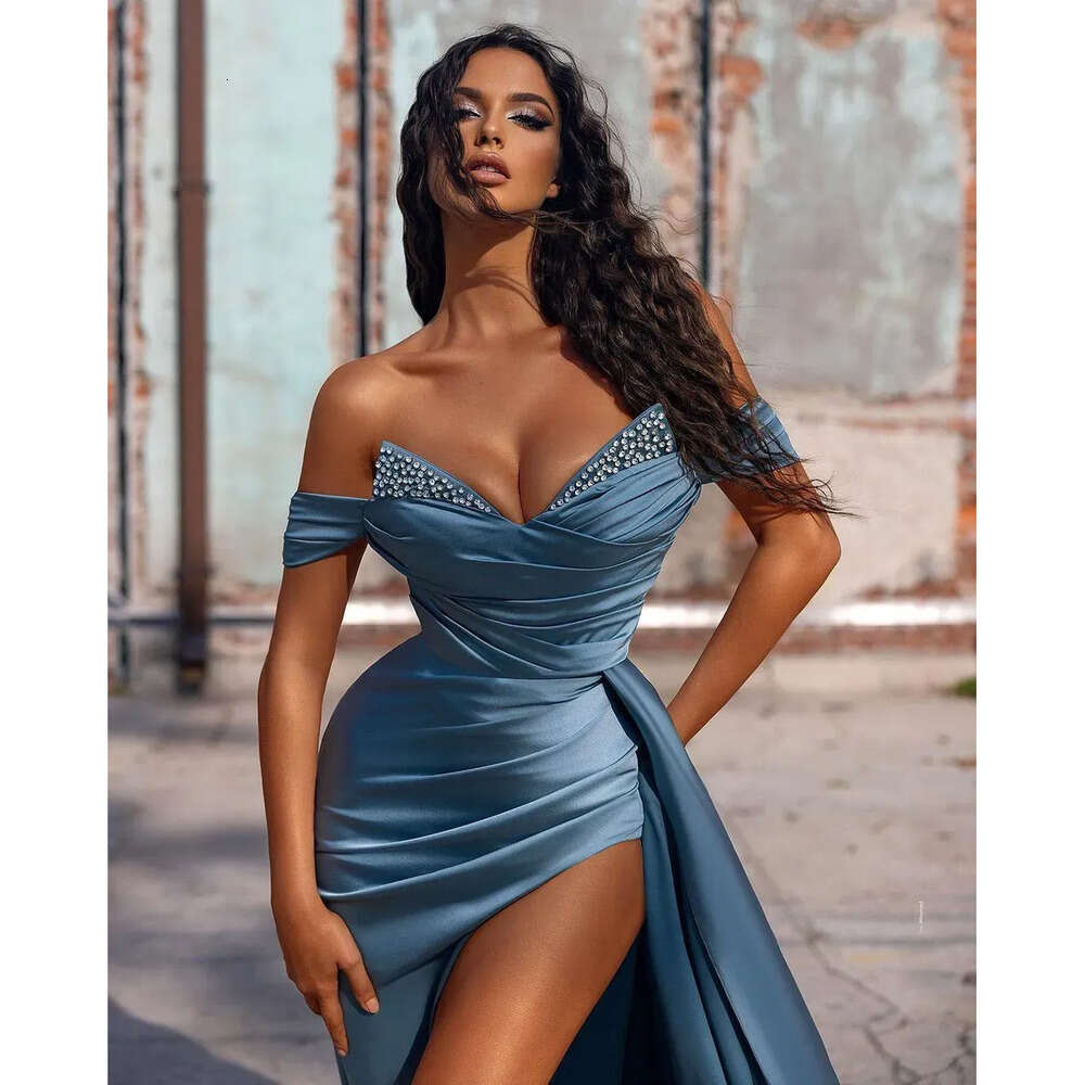 Dress Off Sexy Prom Blue Shoulder Formal Evening Party Gown High Size Split Satin Brdemaid Dresses Custom Made Bc Es 6660306