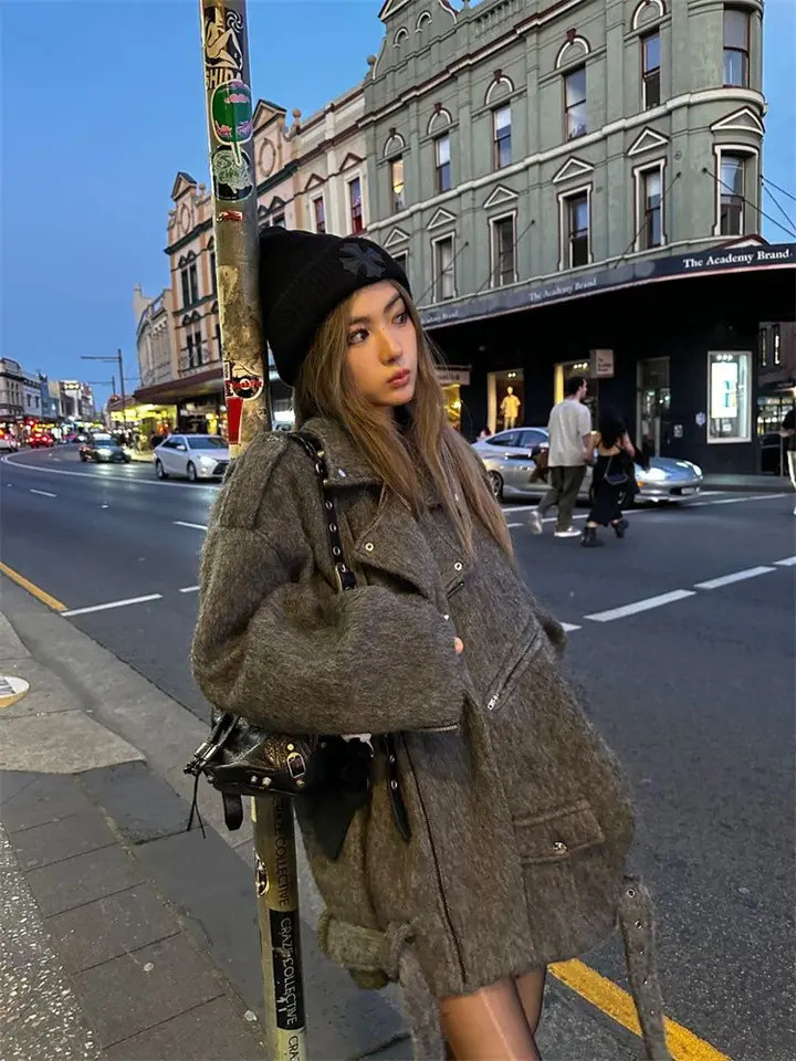 Korean Fashion Spicy Girl Style Highend Woolen Coat Women Clothing Winter Clothes Temperament Mid Length Gray Suit 241129