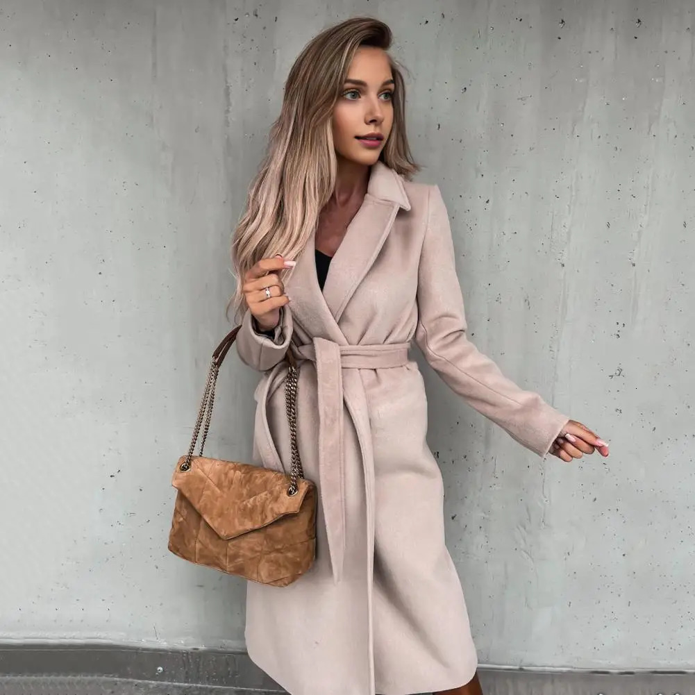 Women Long Coat Solid Color Elegant Womens Winter with Belt Turndown Collar Stylish Calf for Formal Weather 241129