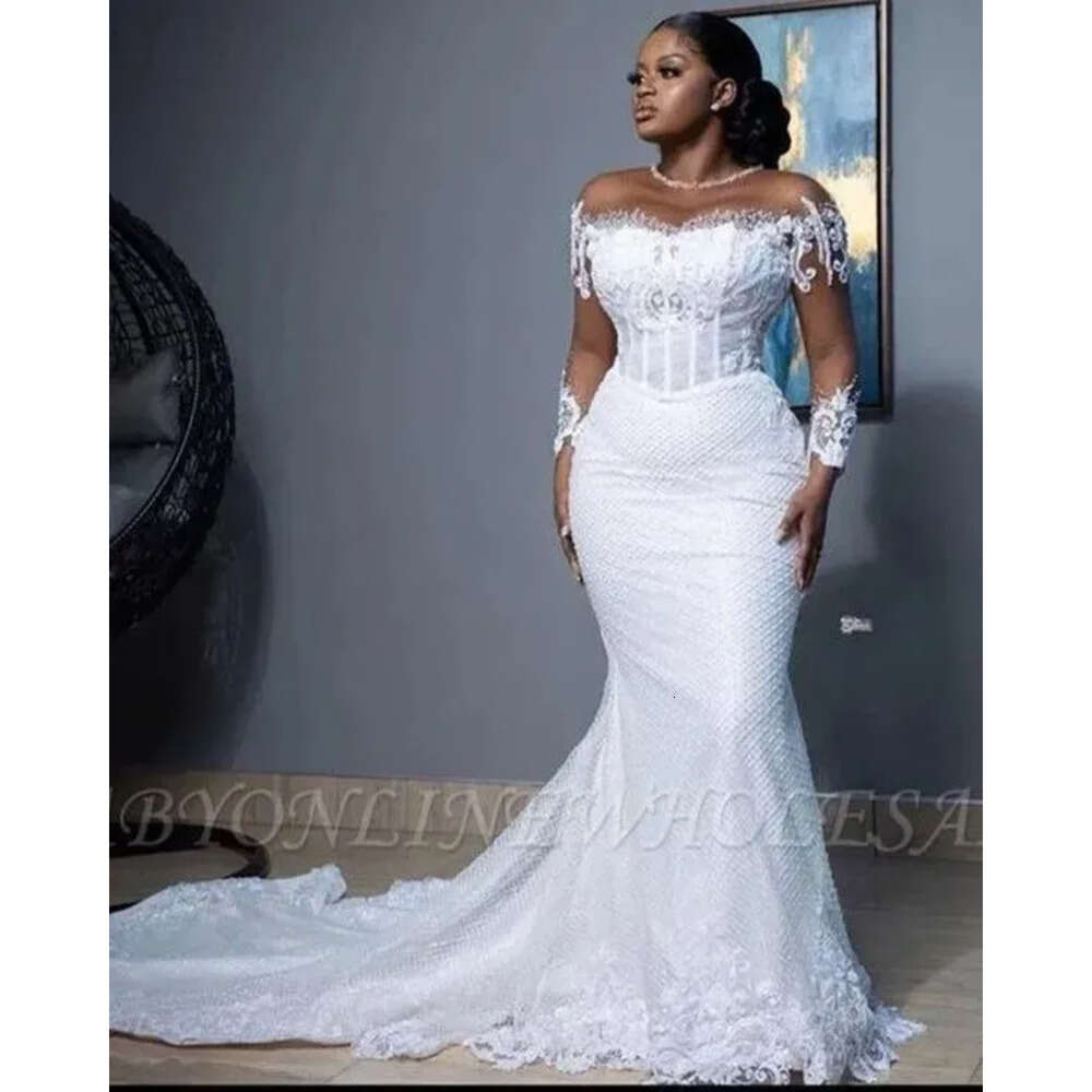Lace Mermaid Wedding Dress Elegant Sheer Crew Neck Long Sleeves Bridal Gowns Beaded Bride Robes De Mariee Plus Size Bc