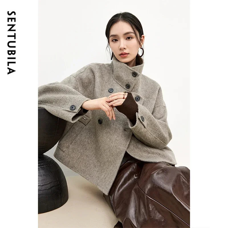 SENTUBILA 100 Wool Coats for Women 2024 Winter Stand Neck Double Sided Temperament Cropped Outerwears Hight Quality W44O56626 241129