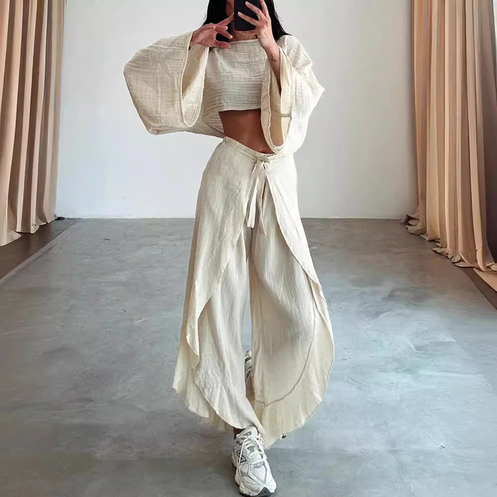 2024 Summer Fashion Elegant Female Pants Set Solid Color ONeck Short Sleeves Trousers 2Pcs Wide Leg Jumpsuit Clothing 240419