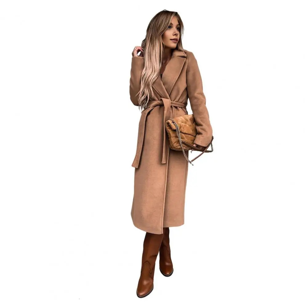 Women Long Coat Solid Color Elegant Womens Winter with Belt Turndown Collar Stylish Calf for Formal Weather 241129