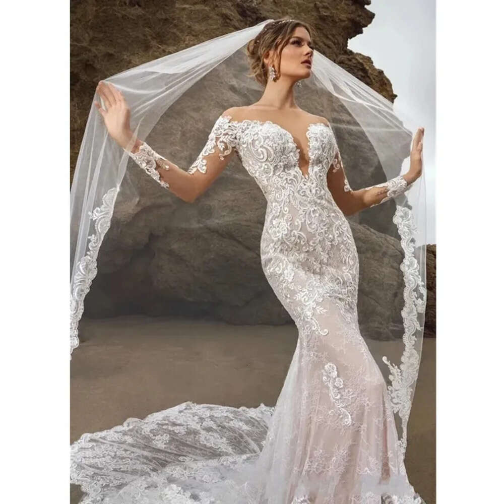 Bridal Mermaid Long Gowns Lace Illusion Scoop Necke Full Sleeves Chapel Train Plus Size Wedding Dresses Vestidos De Novia 6660306