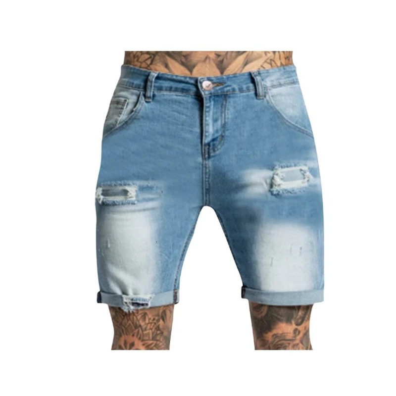Stretch Denim Shorts Mens Summer Thin Loose Korean Style Trendy Jodhpurs Ripped Casual Pants 240415