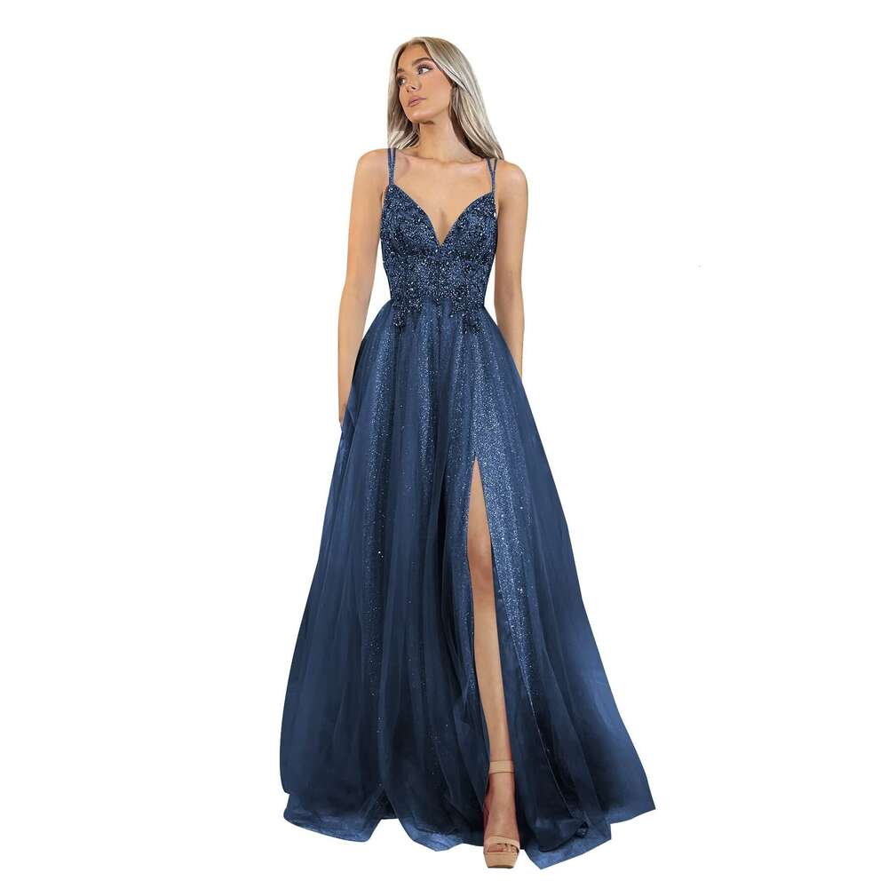 Neck Glitter V Tulle Prom Lace Appliques Ball Gown for Women A Line Spaghetti Straps Formal Dresses with Split prom AMZ MZ