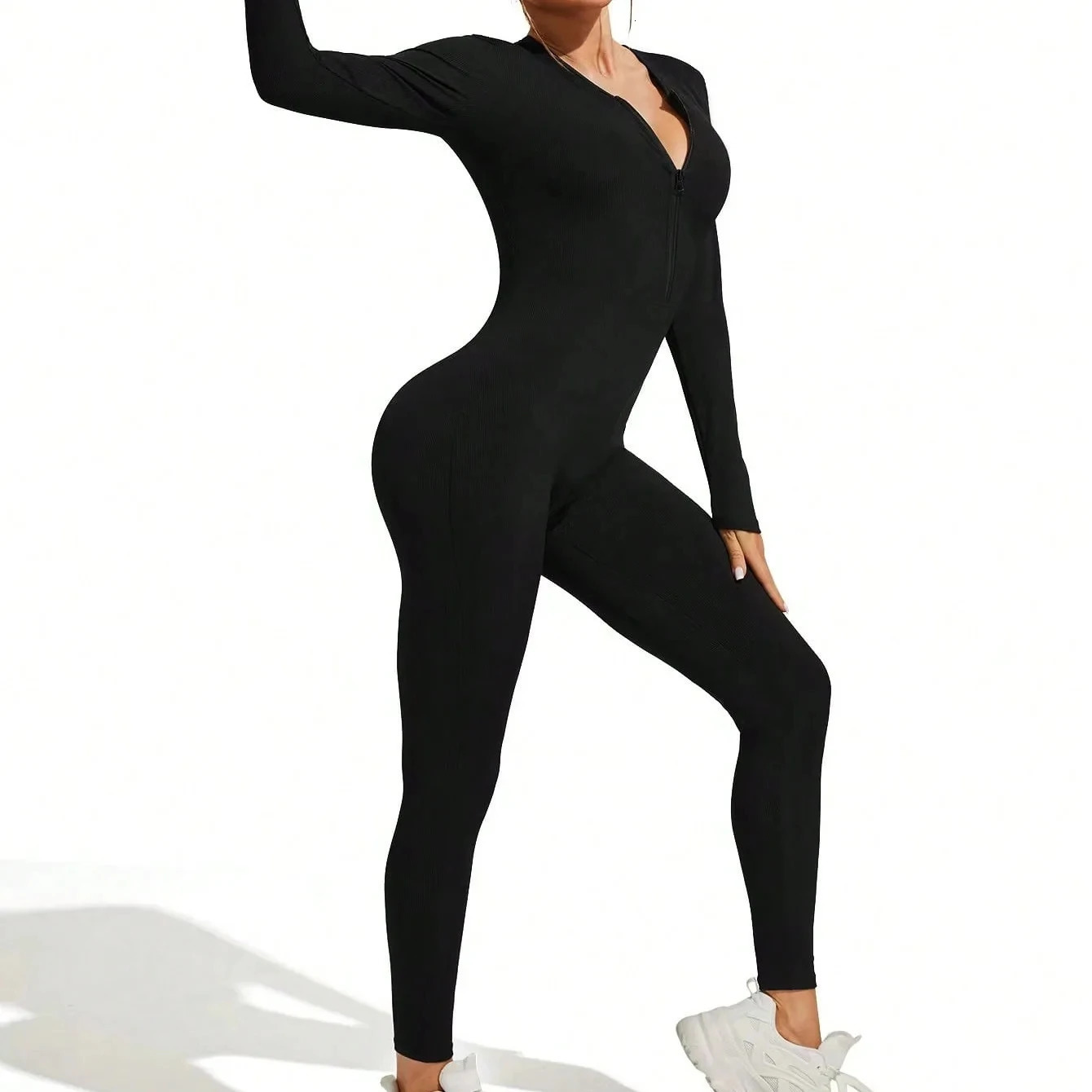 Fall sexy bodysuit for women solid color ribbed long sleeve zipper bodycon sporty clothing rompers jumpsuit 241120