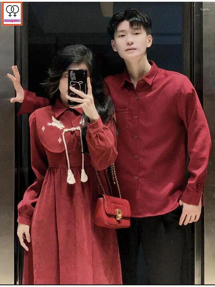 Casual Dresses Matching Couple Clothes Outfits Male Female Lovers Holiday Valentines Date Honeymoon Retro Vintage Shirt Dress Christmas