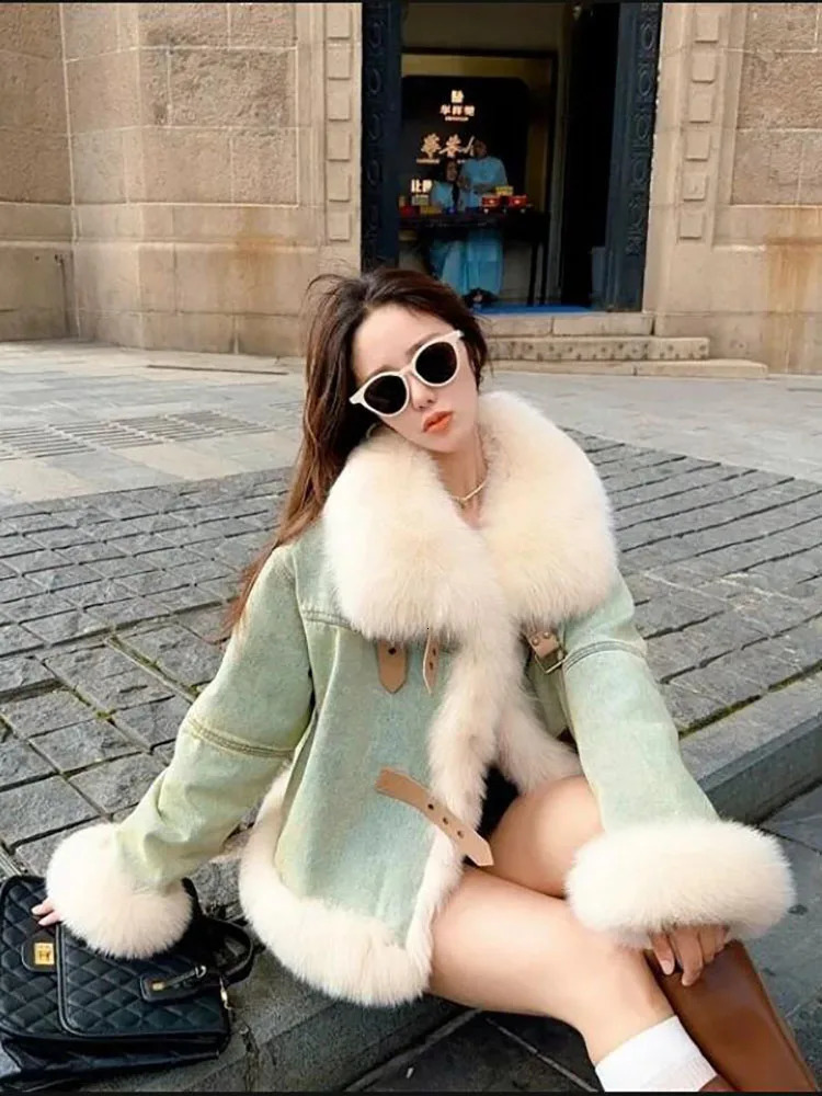 Large Fur Collar Denim Jackets Women Outwear Duck Down Liner Down Jacket Sort Motorcycle Jacket 2024 Winter Thick Warm Parka 241126