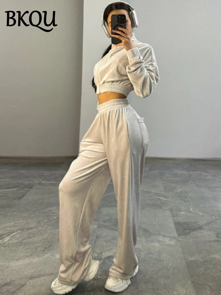 BKQU Casual Velvet Pants Two Piece Set Autumn Winter Long Sleeve Zipper Sweatshirt Jacket Wide Leg Matching Sets 241129