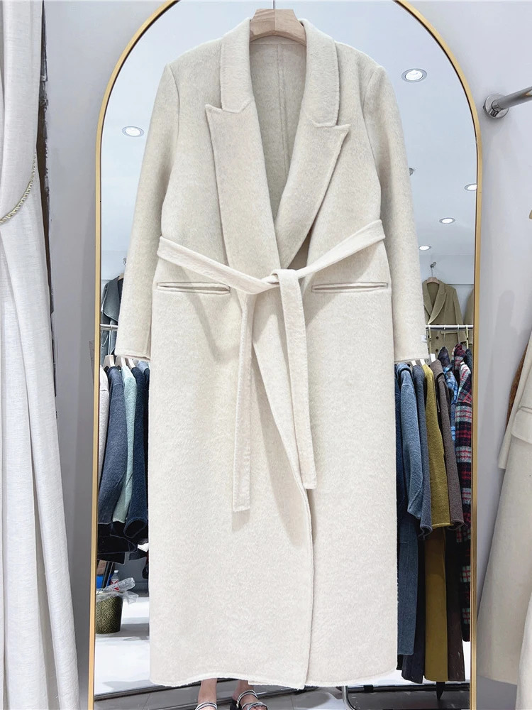 LANMREM Womens Belt Gathered Waist Wool Coats Notched Long Sleeve Office Lady Warm Female Outwear 2024 Winter 26C1186 241129