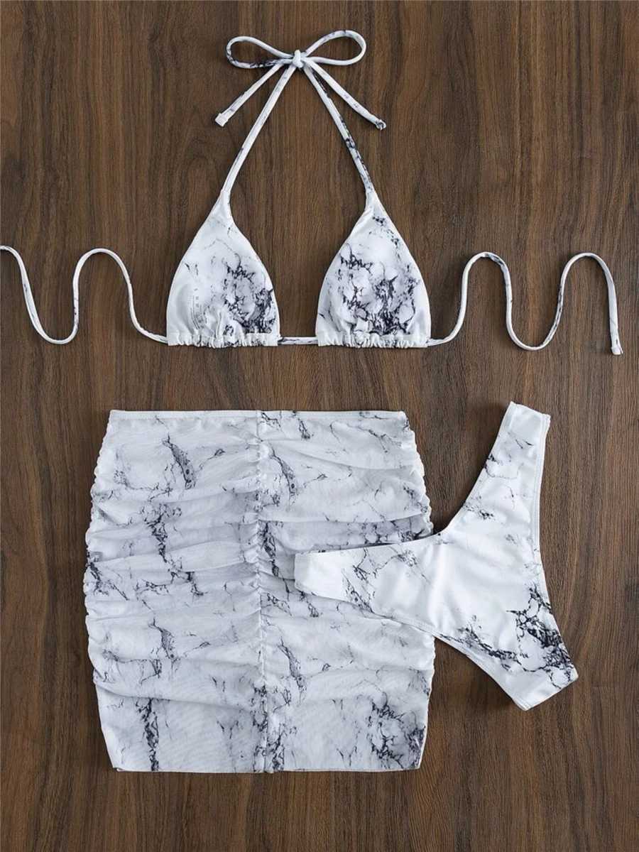 Women's Swimwear 3-piece thong bikini set bathroom set with leather and marble texture womens swimsuit set H241130